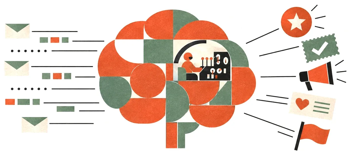 Emails, messages and scattered tasks flow into a geometric brain where a worker runs the controls, and out come reviews, approvals, announcements, social posts and campaigns