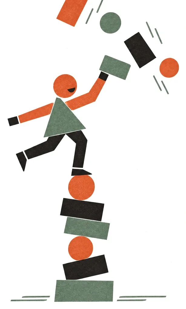 A worker balancing on a wobbly tower of blocks while catching falling shapes