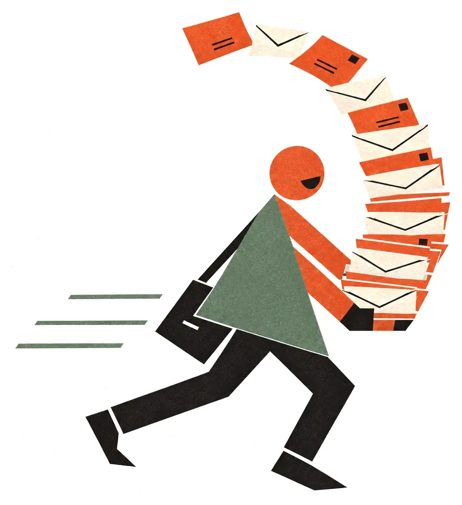 A worker striding along carrying a tall arc of letters
