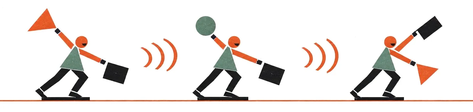 Three workers signalling to each other along a line with flags and shapes